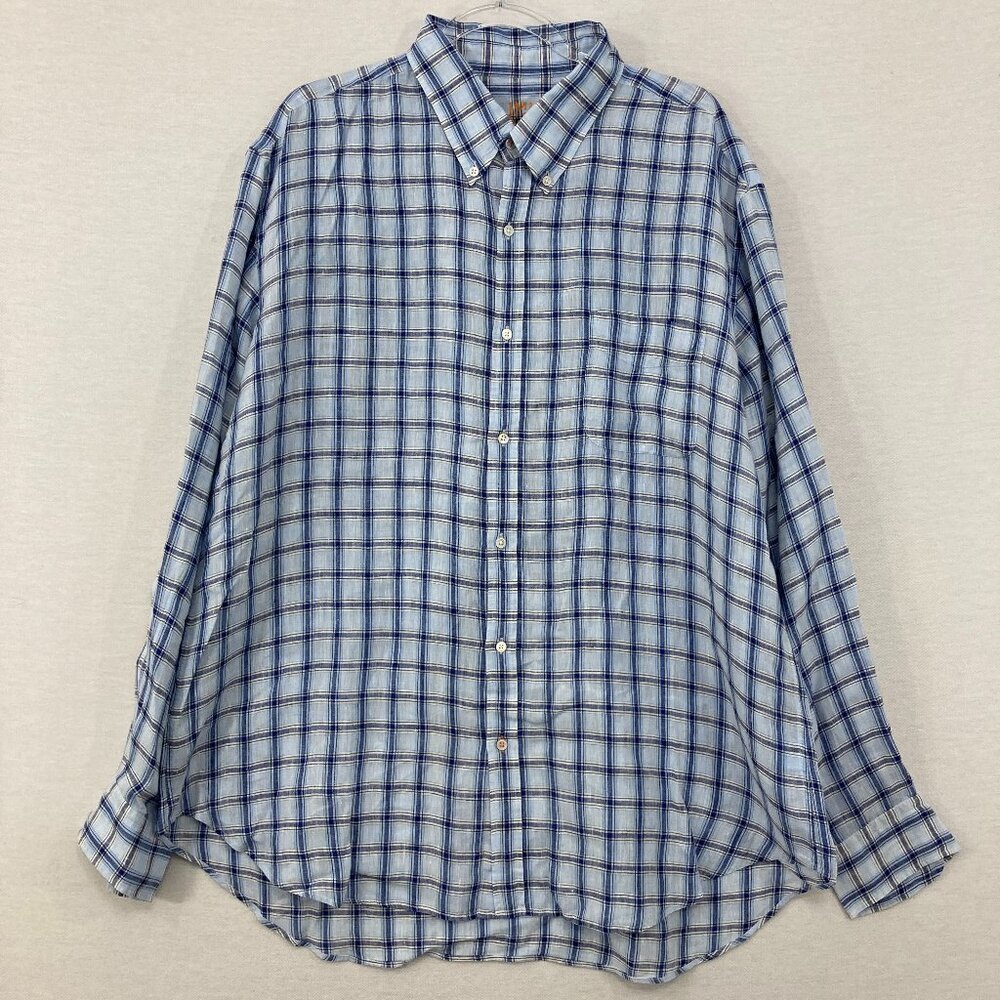 J. McLaughlin Men's XXL Blue Plaid 100% Linen Long Sleeve Button Down Relaxed